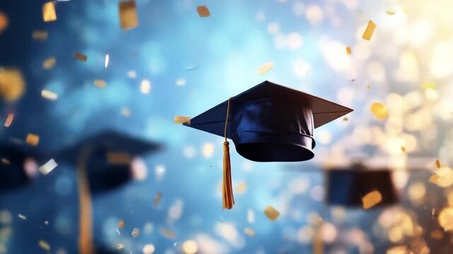 Black graduation cap soaring into the air surrounded by golden confetti against a blurred blue background