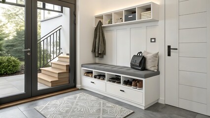 Modern entryway with bench storage and open door to the outside
