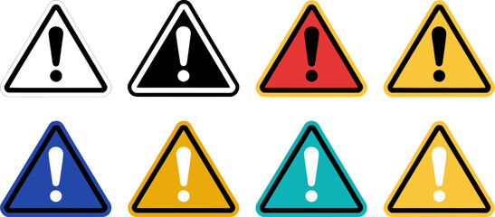Collection of warning signs with exclamation marks in different colors and styles