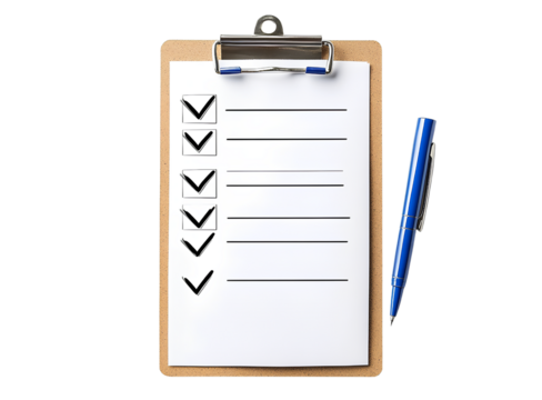  A clipboard with checklists and a blue pen on a white background, isolated on the side of a sheet of paper, with a white background,  