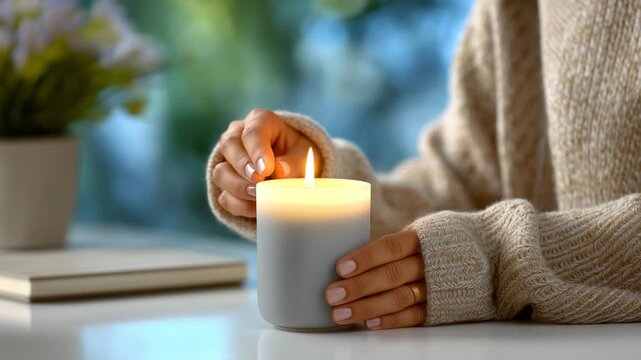 Person enjoying a calm morning ritual with lit scented candles. Peaceful and relaxing scene ideal for wellness, mindfulness, self-care, and lifestyle content