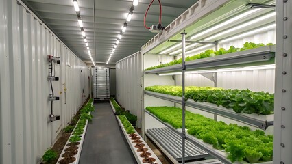 Indoor vertical farm with rows of leafy greens and bright lights