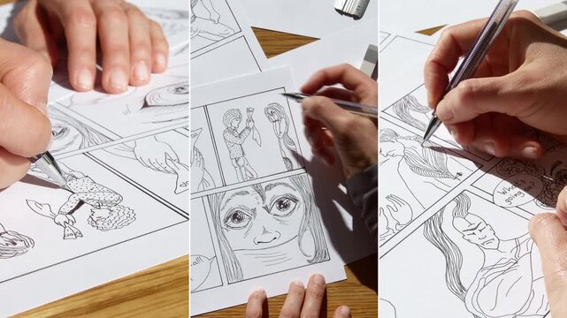 An artist draws sketches of comic book characters. Storyboard collage.