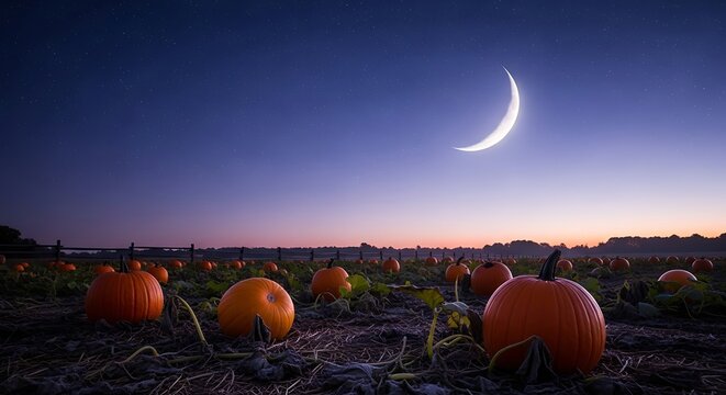 Enchanting pumpkin patch illuminated by a crescent moon under a twilight sky - Powered by Adobe