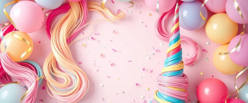 Pastel rainbow swirls, unicorn horn, confetti, stars, balloons, illustration, graphic