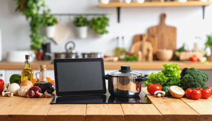Sleek tablet resting on a kitchen counter surrounded by cooking ingredients and kitchen tools for easy access