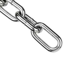 Obraz premium Close up of shiny metal chain with interlocking links against a white background