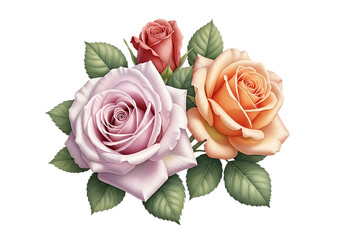 Naklejka premium Pink, Orange, and Peach Roses with Leaves - Isolated on transparent background