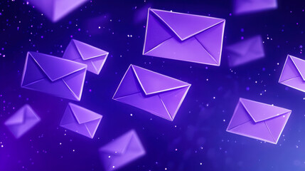 Letter envelopes falling on purple background, concept of various messages