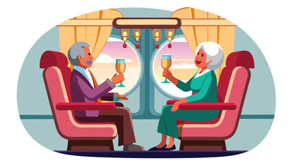 Elderly couple toasting with champagne on a train journey enjoying the sunset view from the train window