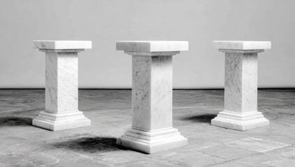 Fototapeta premium Three white marble pedestals on a gray floor.