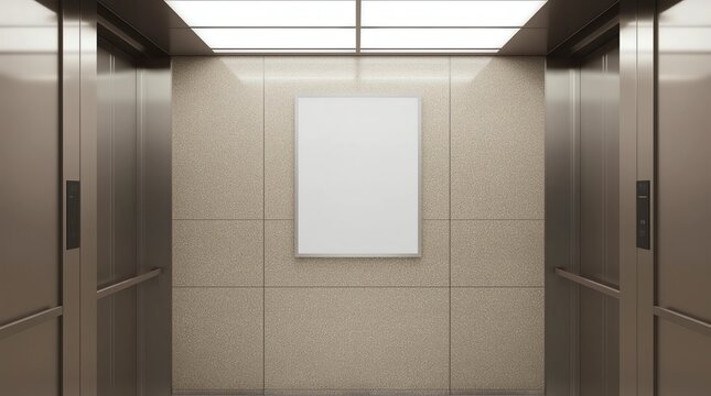 Empty elevator cabin with open doors and blank poster 