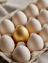 Close-up of eggs in tray with one golden egg among white eggs