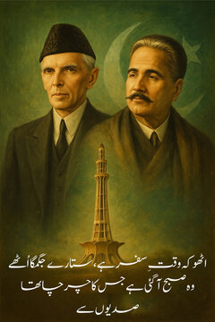 Quaid-e-Azam  Allama Iqbal Portrait with Urdu Poetry &ndash; Azadi Tribute