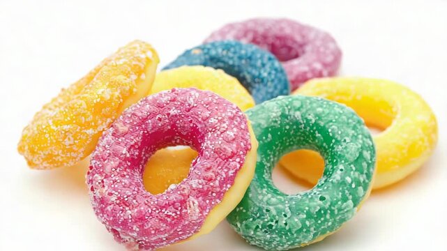 A group of sugared donuts stacked on top of each other