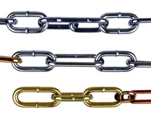 Close up of three metal chains in silver gold and copper against black