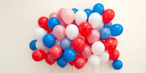 Obraz premium Red, white, and blue balloons clustered on a white wall, red, photography