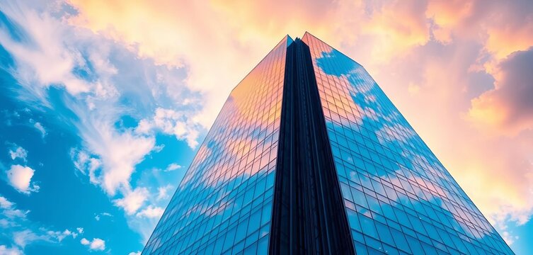 Reflective blue glass skyscraper against a vibrant sky, business, sky