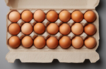 Overhead view of carton box with eggs placed neatly in rows