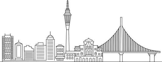 Obraz premium Detailed Cityscape Outline Vector Illustration of Auckland Skyline with Tower and Bridge Design