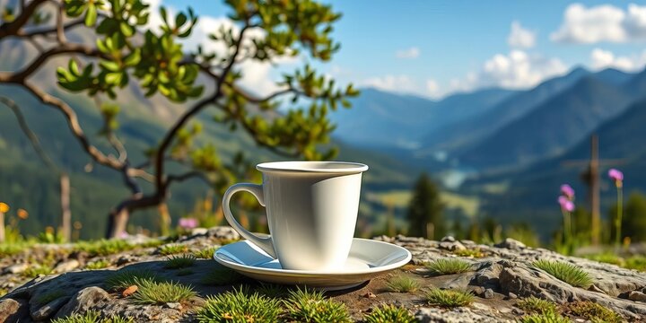 Reusable coffee cup and plates amidst scenic nature landscape,  eco-friendly,   landscape - Powered by Adobe