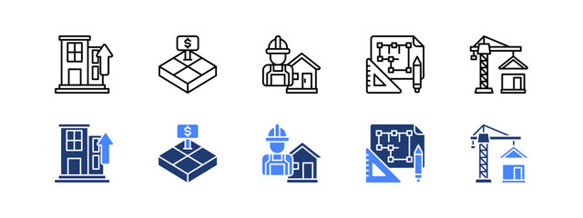 Real Estate Development icon collection set. Building, Land, Builder, Blueprint, Construction.