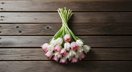Minimalist tulip bouquet on reclaimed wood bench, delicate florals against rugged texture