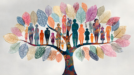 global family tree, family tree illustration depicting branches as symbols to celebrate international day of families