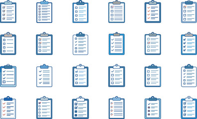 Collection of clipboard icons featuring checklists and check marks demonstrating task completion