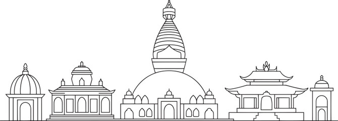 Detailed Cityscape Outline Vector Illustration of Kathmandu Skyline with Pagoda Design