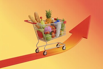 Grocery shopping cart full of food on upward arrow, rising prices inflation, economic cost increase concept.