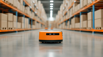 Automated guided vehicle (AGV) navigating an aisle in a warehouse, with shelves full of cardboard boxes and industrial lighting