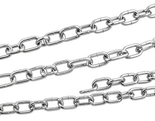 Fototapeta premium Close up view of multiple metallic chains against a clean white background