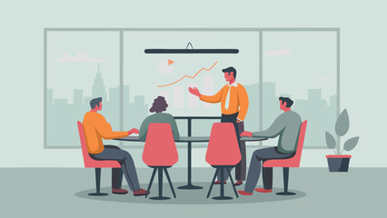 Fototapeta premium Man presenting chart to colleagues in a meeting room with city view and potted plant nearby in office