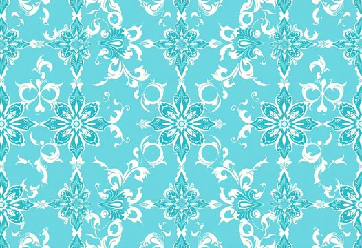 Seamless light blue & white oriental abstract pattern with vintage flourishes, packaging, ornament
