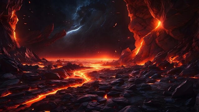 A dark space rift glowing with fiery orange and red light. Cinematic theme, HDR, Vibrant