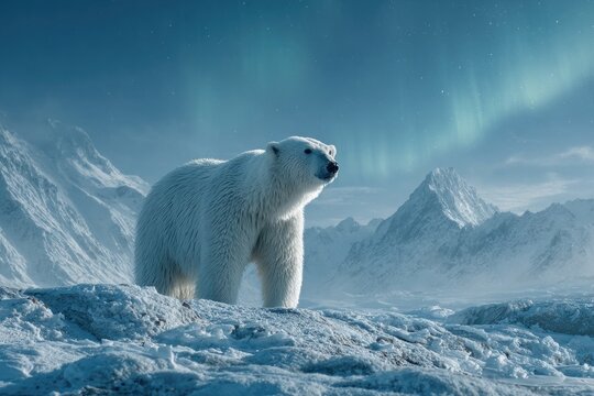 Polar bear in snowy mountains under Northern Lights at night