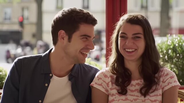 Young couple laughing together at an outdoor cafe, with city background