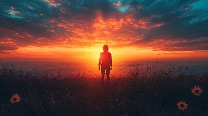 Obraz premium Silhouette of a person contemplating a breathtaking sunset photo on the horizon