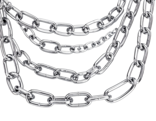 Close up view of various metallic chains against a bright white background