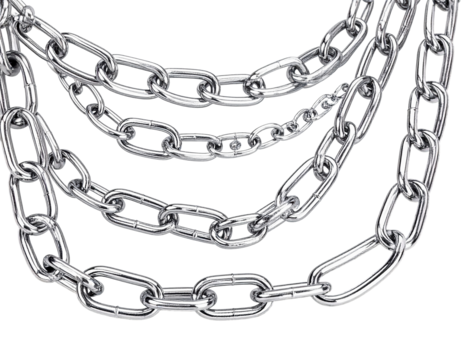 Close up view of various metallic chains against a bright white background