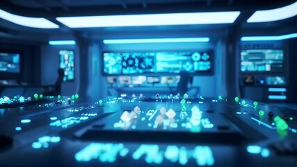 Futuristic control room bathed in blue light, monitors displaying complex data and crystals - Powered by Adobe