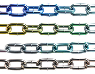 Fototapeta premium Colorful metallic chain links arranged horizontally against a white background