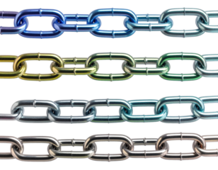 Colorful metallic chain links arranged horizontally against a white background