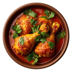 Delicious chicken curry with fresh cilantro garnish in a rustic bowl isolated on transparent background