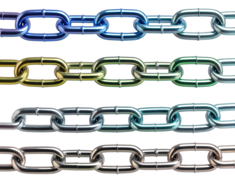 Colorful metallic chain links arranged horizontally against a white background