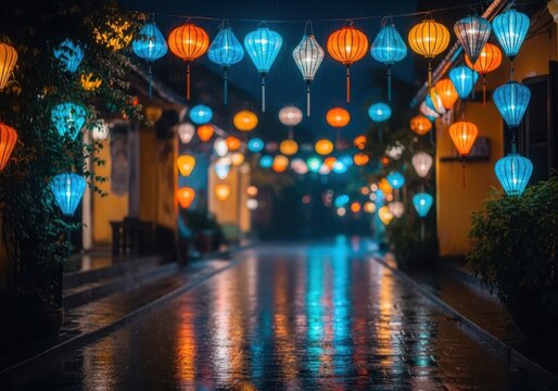 Colorful lanterns illuminate the streets of hoi an ancient town at night