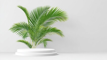 Obraz premium Elegant white podium with a lush palm plant.
