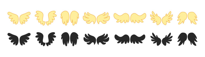 Wing vector icon set, angel feather bird symbol, fly silhouette illustration, decorative abstract emblem, cartoon doodle, eagle aviation, isolated on transparent background.
