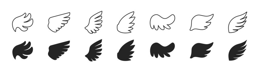 Wing vector icon set, angel tattoo symbol, black silhouette illustration, feather bird design, vintage emblem badge, abstract decorative label, aviation shield